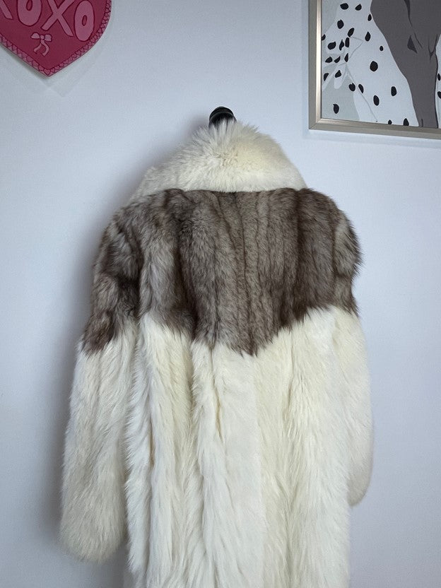 White and Brown Ankle Length Jacket Fox Fur Jacket