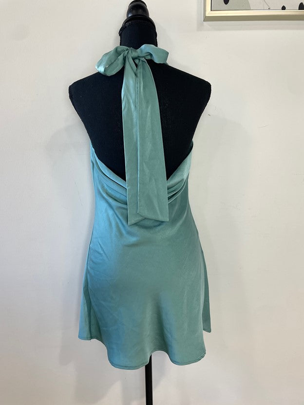 Silk Teal Cowl Halter Neck Mini Dress