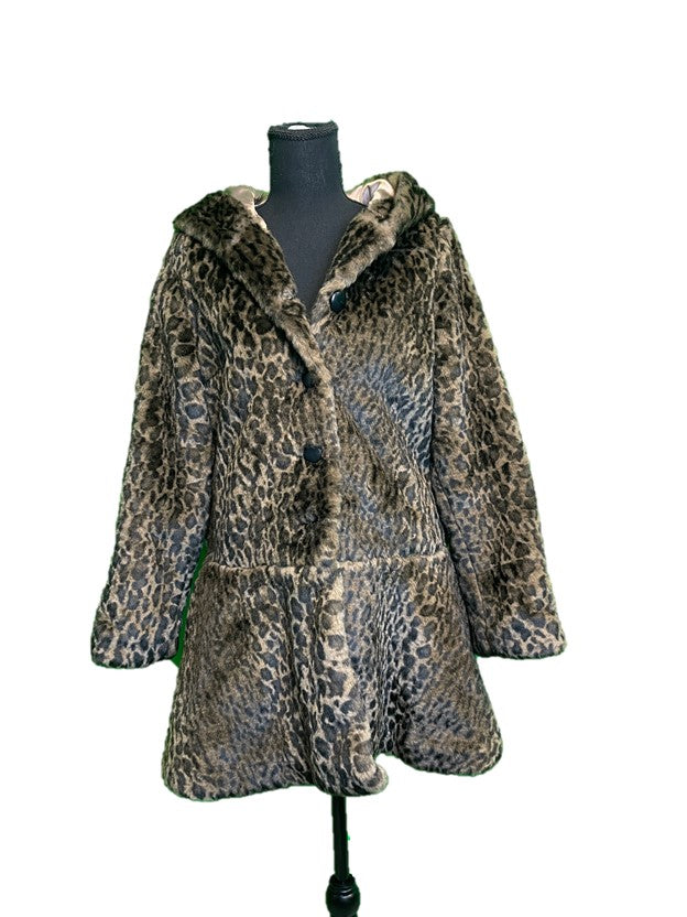Leopard Print Faux Fur Coat w Hood
