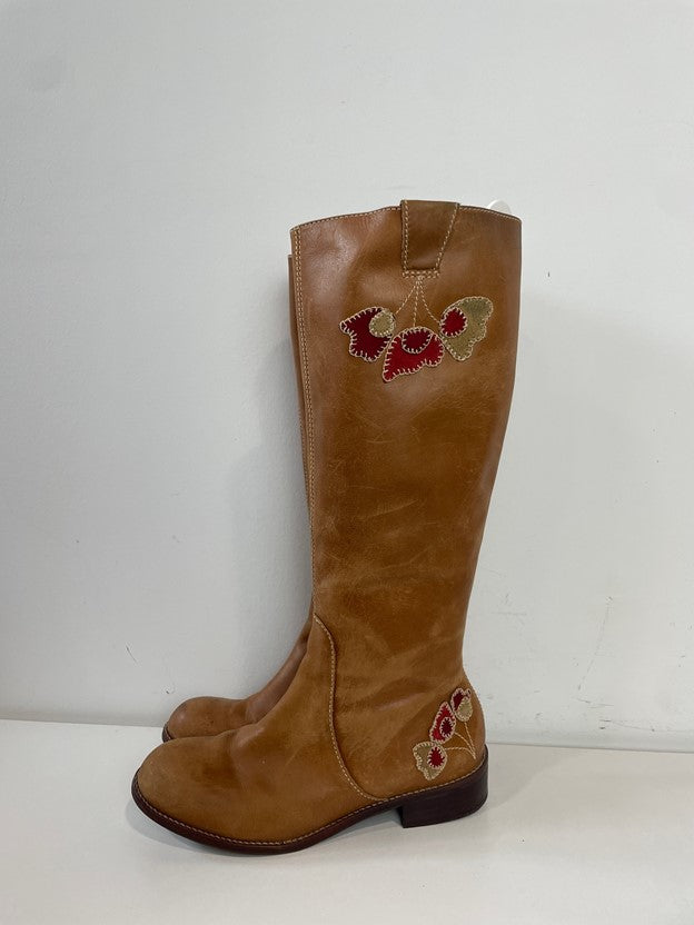 Distressed Tan Leather Boots Floral Applique