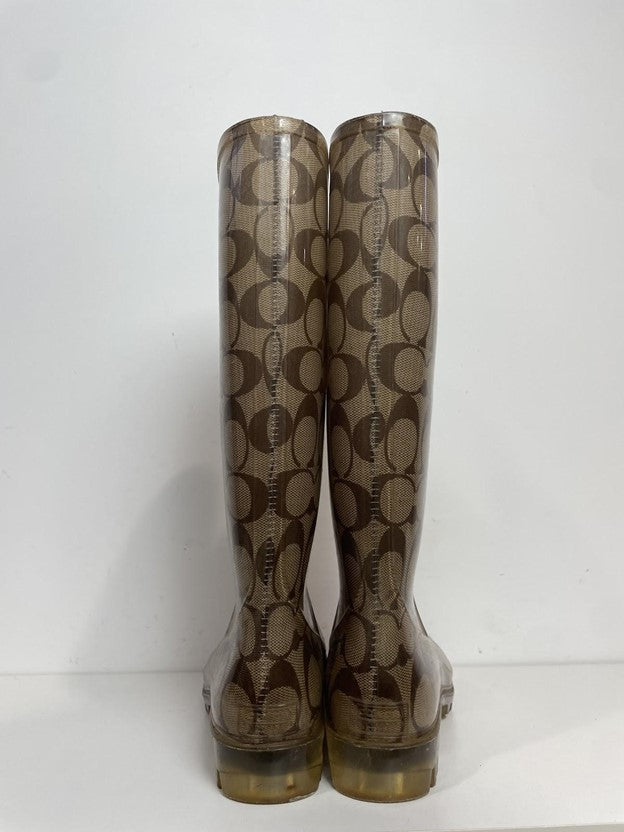 Brown Pixy Rubber Pull-On Tall Rain Boots All Over Logo