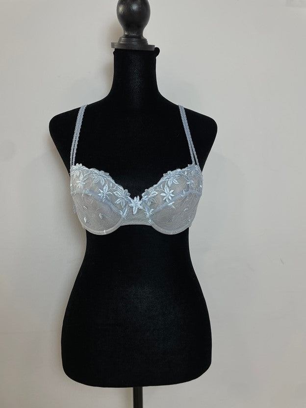 Blue Embroidered Floral Lace Bra