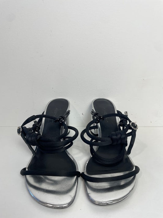 Drum Knotted Satin & Mirrored-leather block heel Sandals Metallic Silver