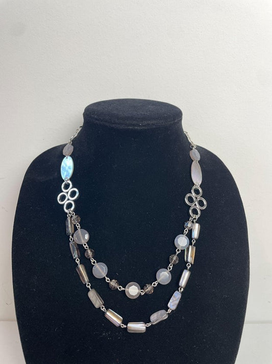 "Poetic" Genuine Grey Agate, Mother of Pearl & Resin Beads 2 Layer Necklace