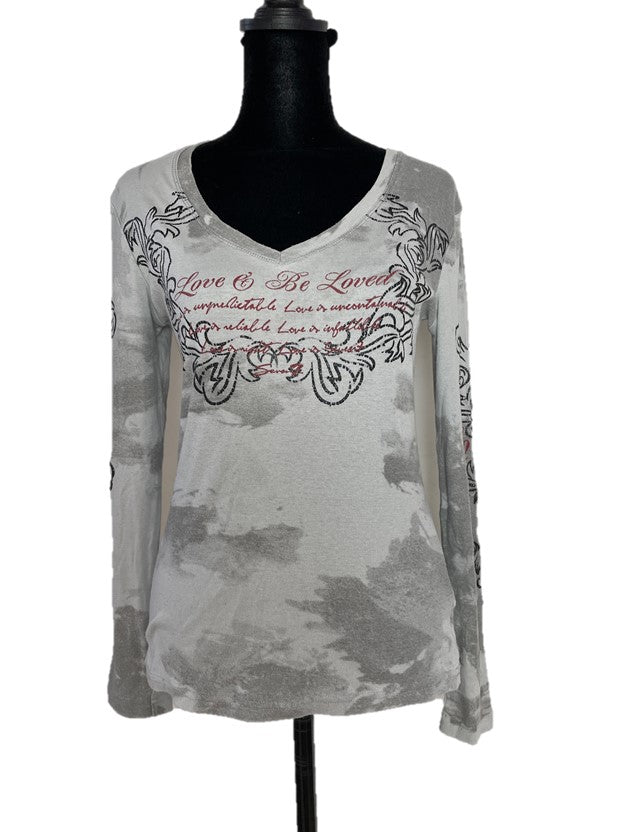 Gray Graphic v Neck Long Sleeve Top
