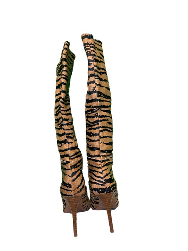 Brown Tiger Print Real Fur Heel Tall Boots