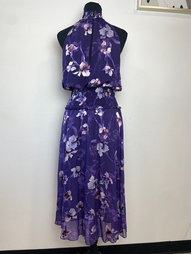 Purple Halter Neck Ruched Waist Floral Maxi Dress