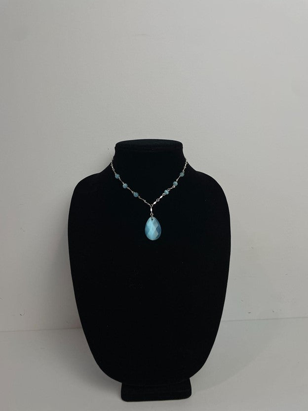 Silver Tone Blue Beads Blue Faceted Teardrop Pendant Necklace