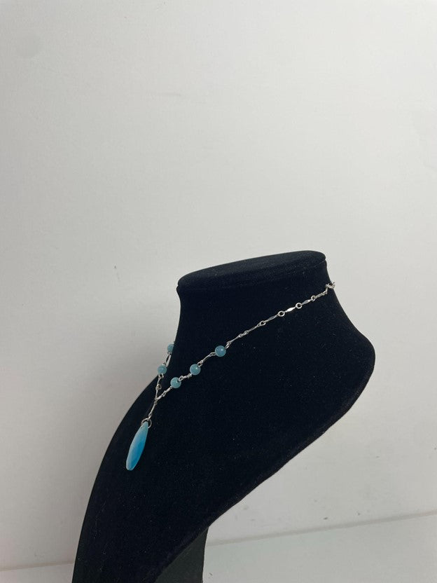 Silver Tone Blue Beads Blue Faceted Teardrop Pendant Necklace