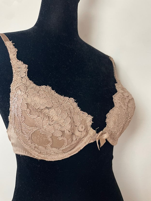 Vintage Tan Lace Bra with Bow