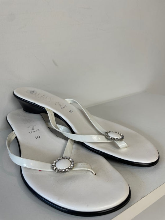 White Silver Rhinestone Ring Detail Heeled Flip Flops