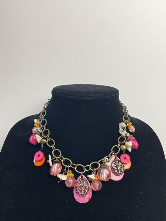 Vintage Pink Orange Abalone Bronze Tone Charm Necklace