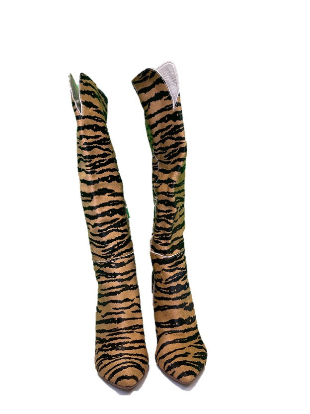 Brown Tiger Print Real Fur Heel Tall Boots