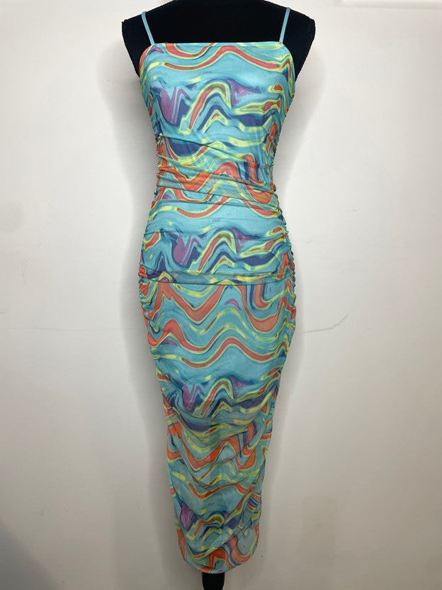 Multicolor marble layered mesh ruched midi dress