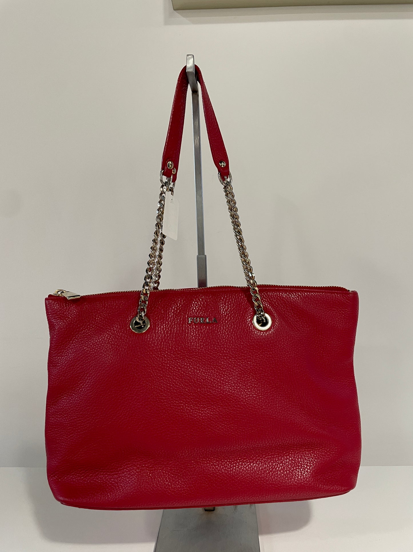 Red chain linked leather shoulder bag